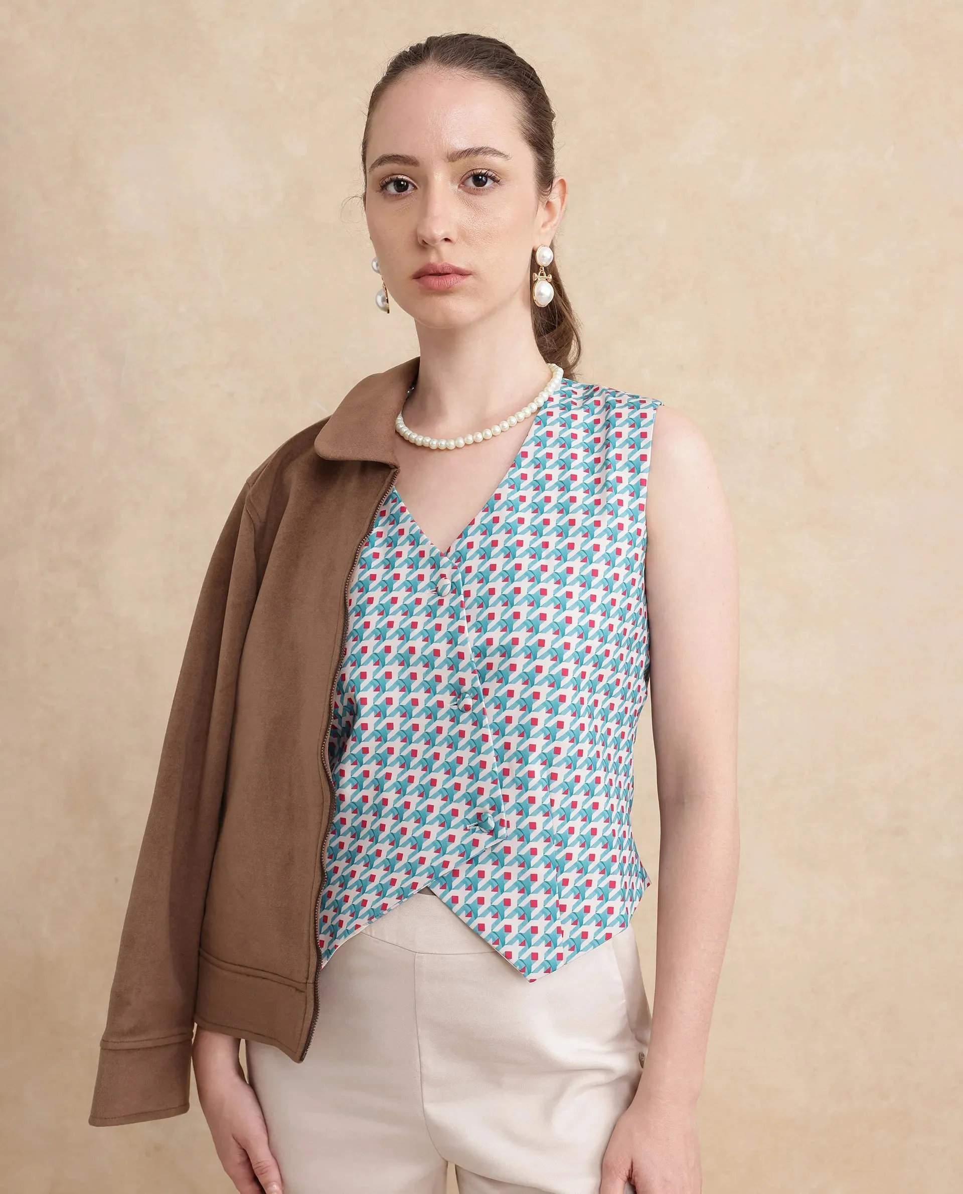Rareism Women Utkil Multi Polyester Fabric Sleeveless V-Neck Button Closure Regular Fit Cropped Houndstooth Top