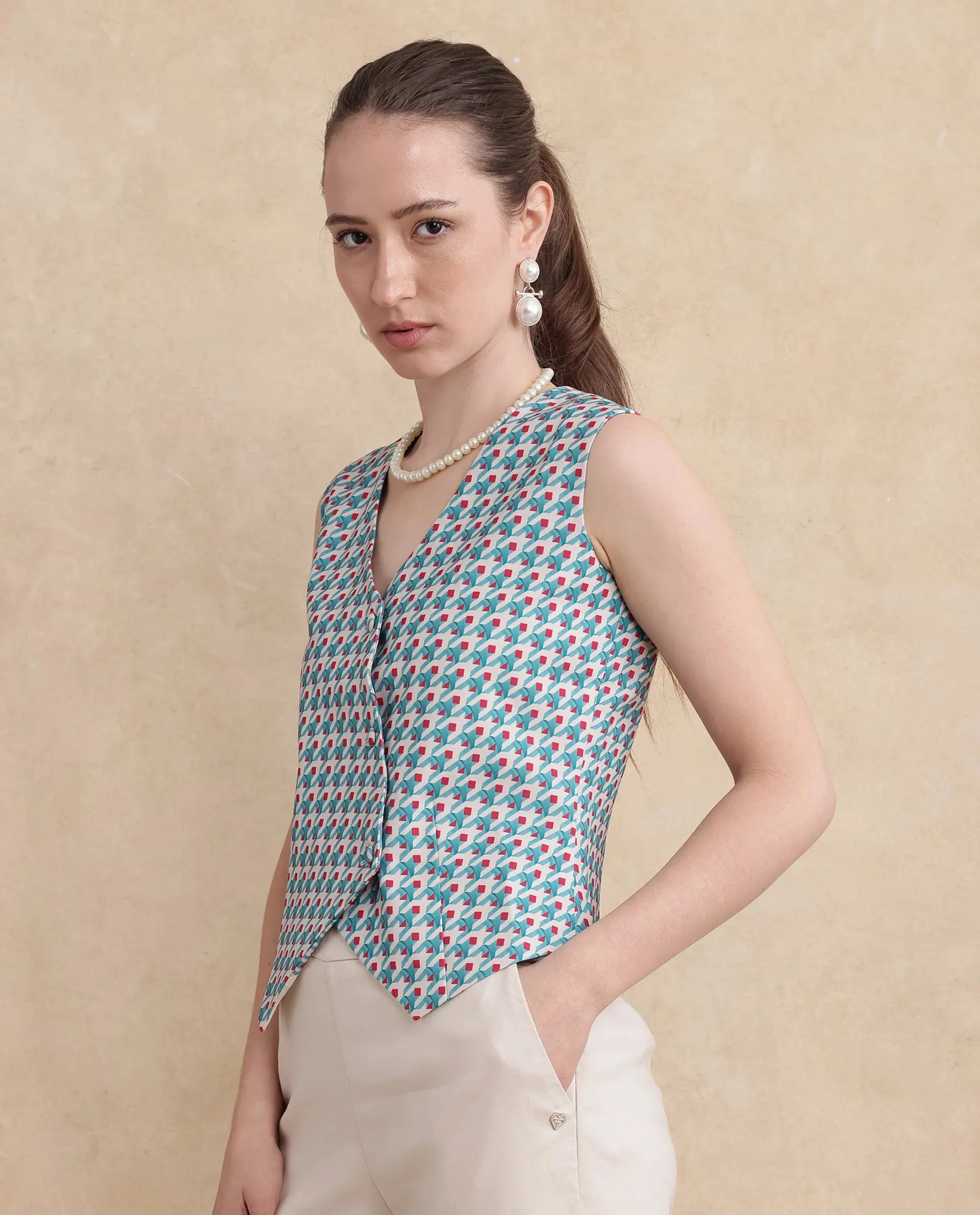 Rareism Women Utkil Multi Polyester Fabric Sleeveless V-Neck Button Closure Regular Fit Cropped Houndstooth Top