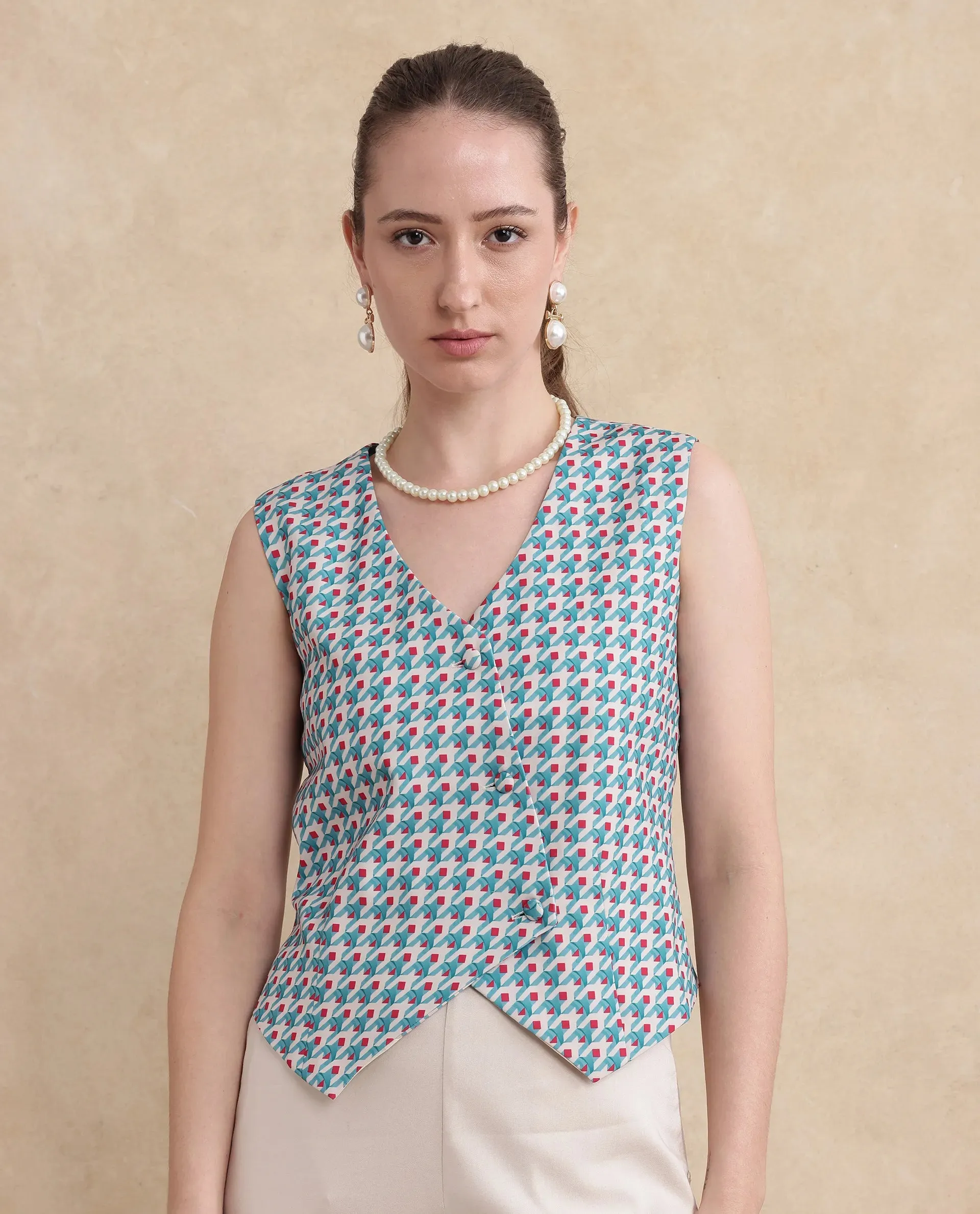Rareism Women Utkil Multi Polyester Fabric Sleeveless V-Neck Button Closure Regular Fit Cropped Houndstooth Top