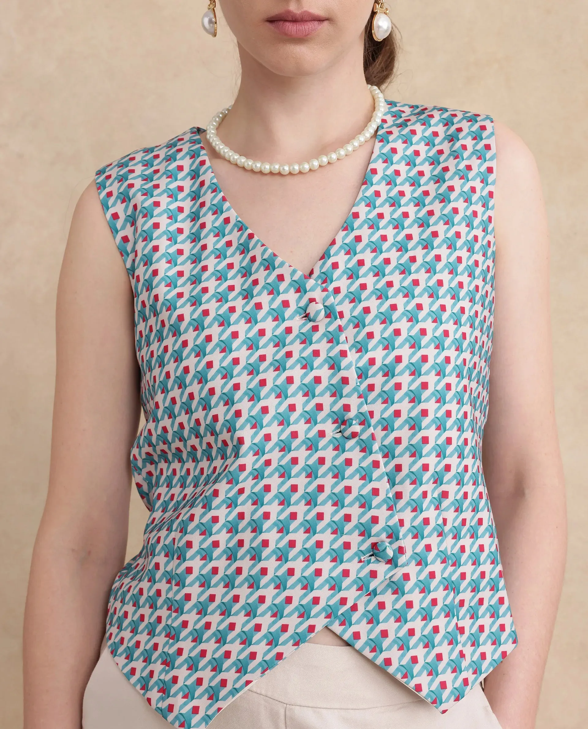 Rareism Women Utkil Multi Polyester Fabric Sleeveless V-Neck Button Closure Regular Fit Cropped Houndstooth Top