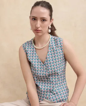 Rareism Women Utkil Multi Polyester Fabric Sleeveless V-Neck Button Closure Regular Fit Cropped Houndstooth Top