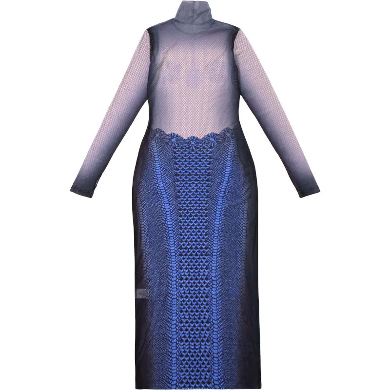 Sexy Blue Mesh Turtleneck Sheath Long Sleeve Printed Party Dress