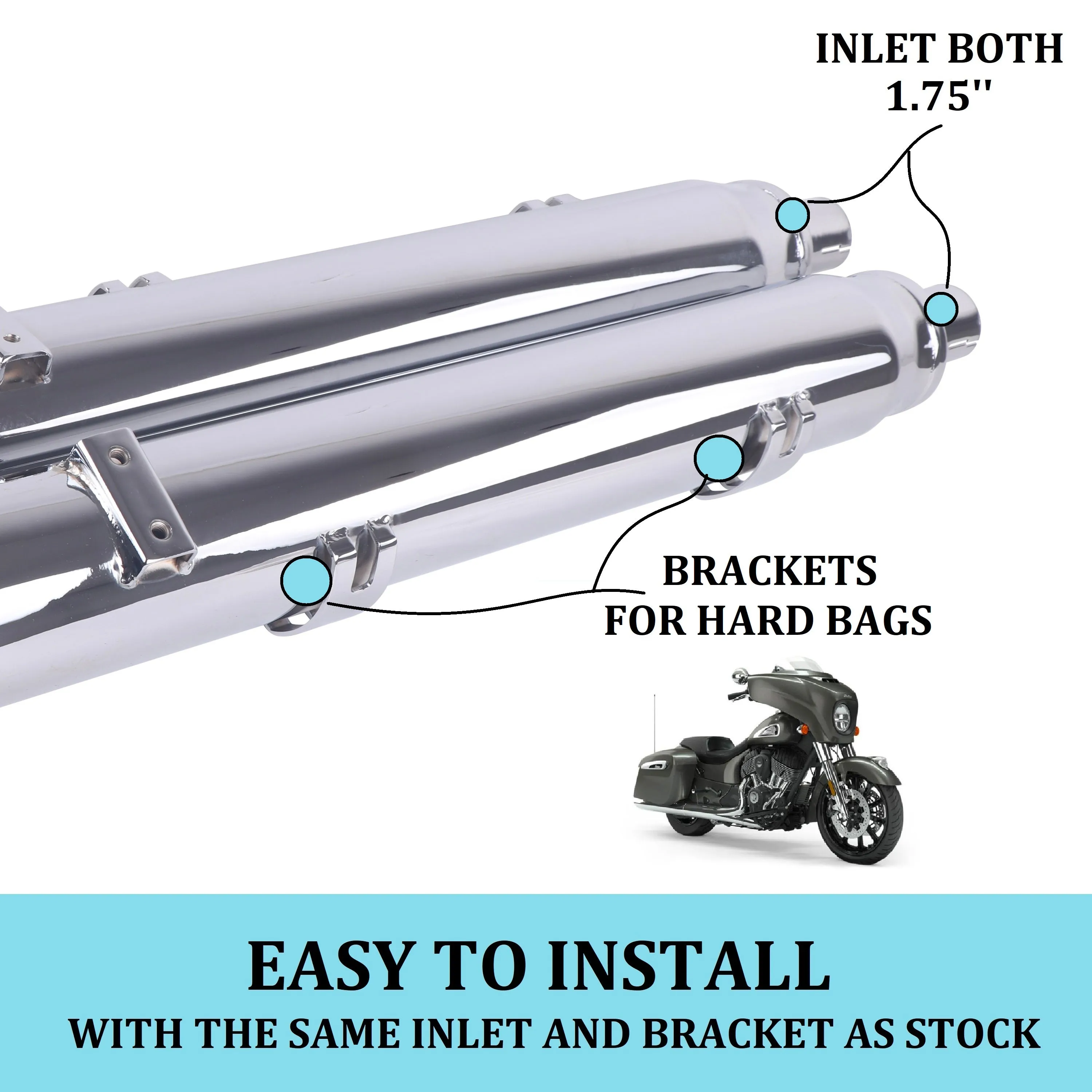 Sharkroad Chrome 4" Slip On Mufflers Exhaust for Indian Touring 2014-2023 Chief