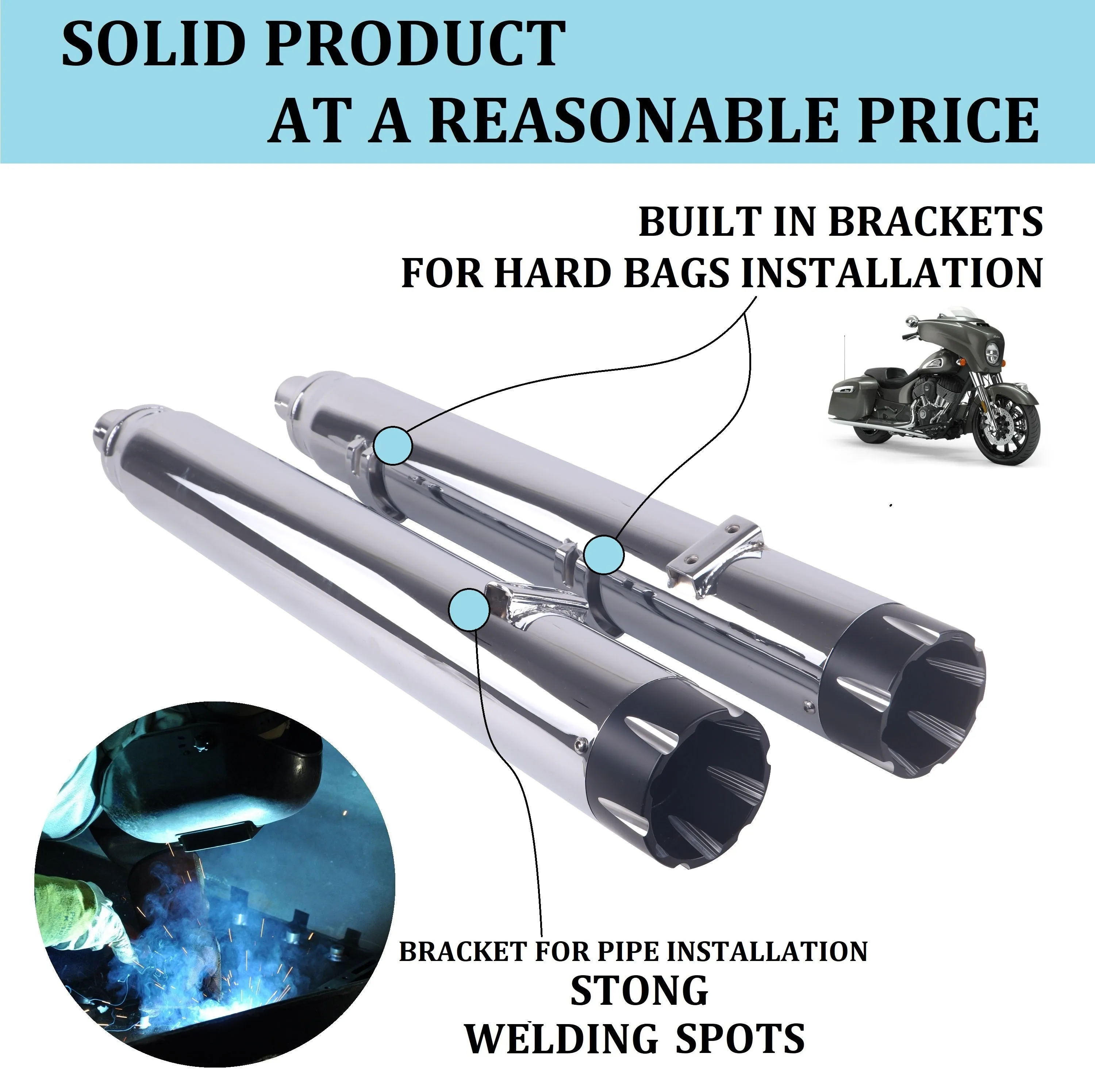 Sharkroad Chrome 4" Slip On Mufflers Exhaust for Indian Touring 2014-2023 Chief