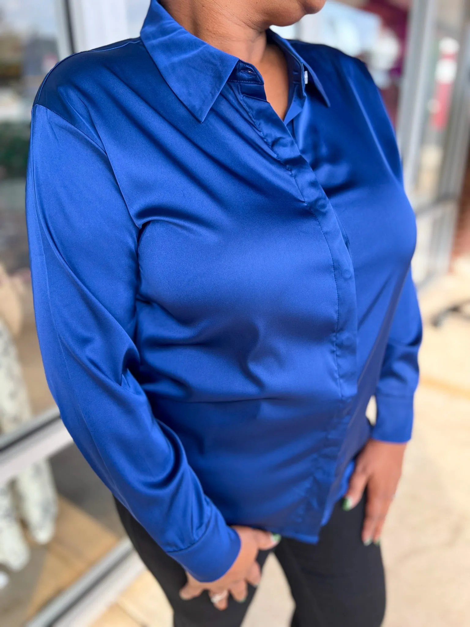 Speak To Me Light Navy Button Up Long Sleeve Top