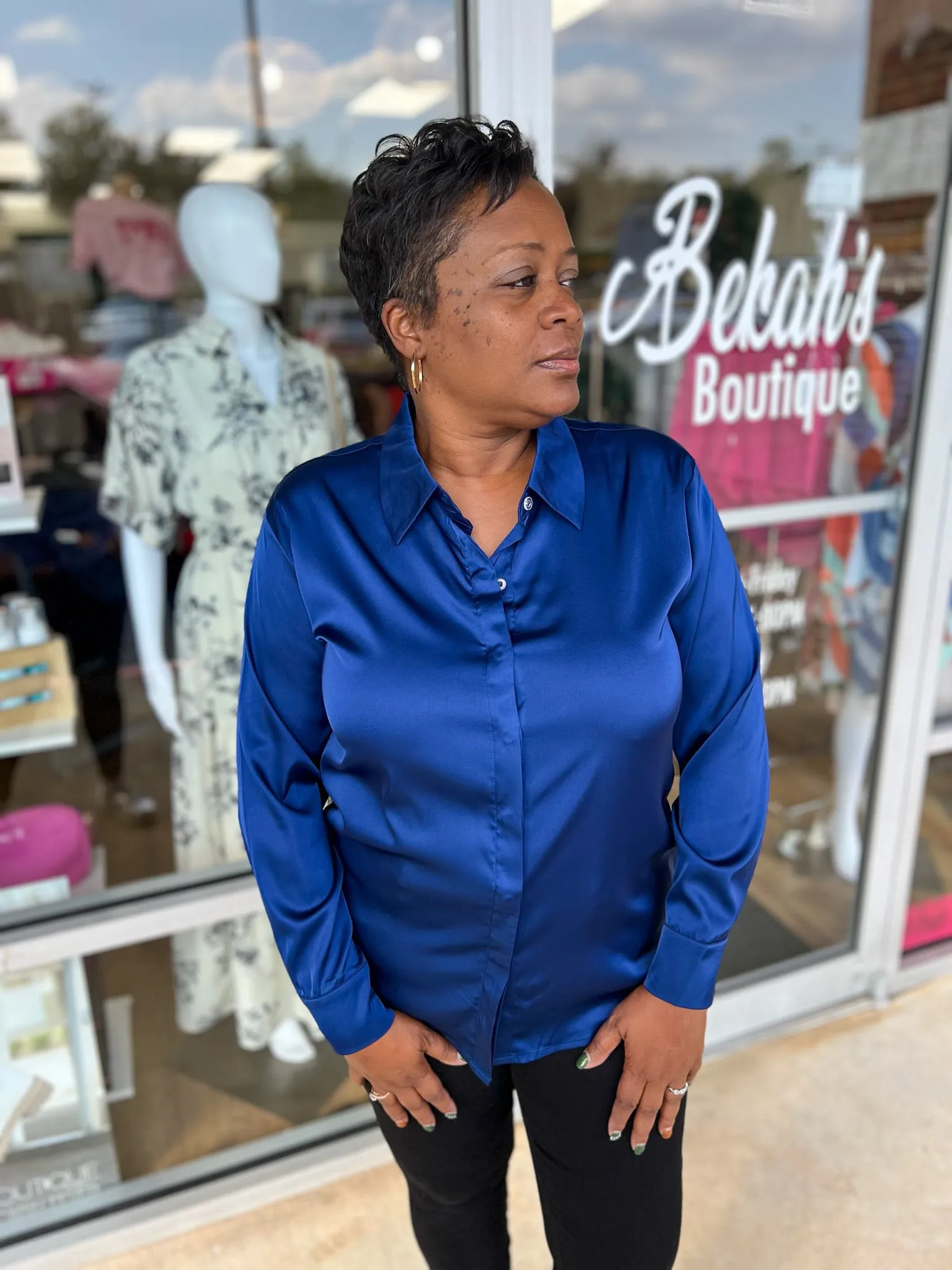 Speak To Me Light Navy Button Up Long Sleeve Top