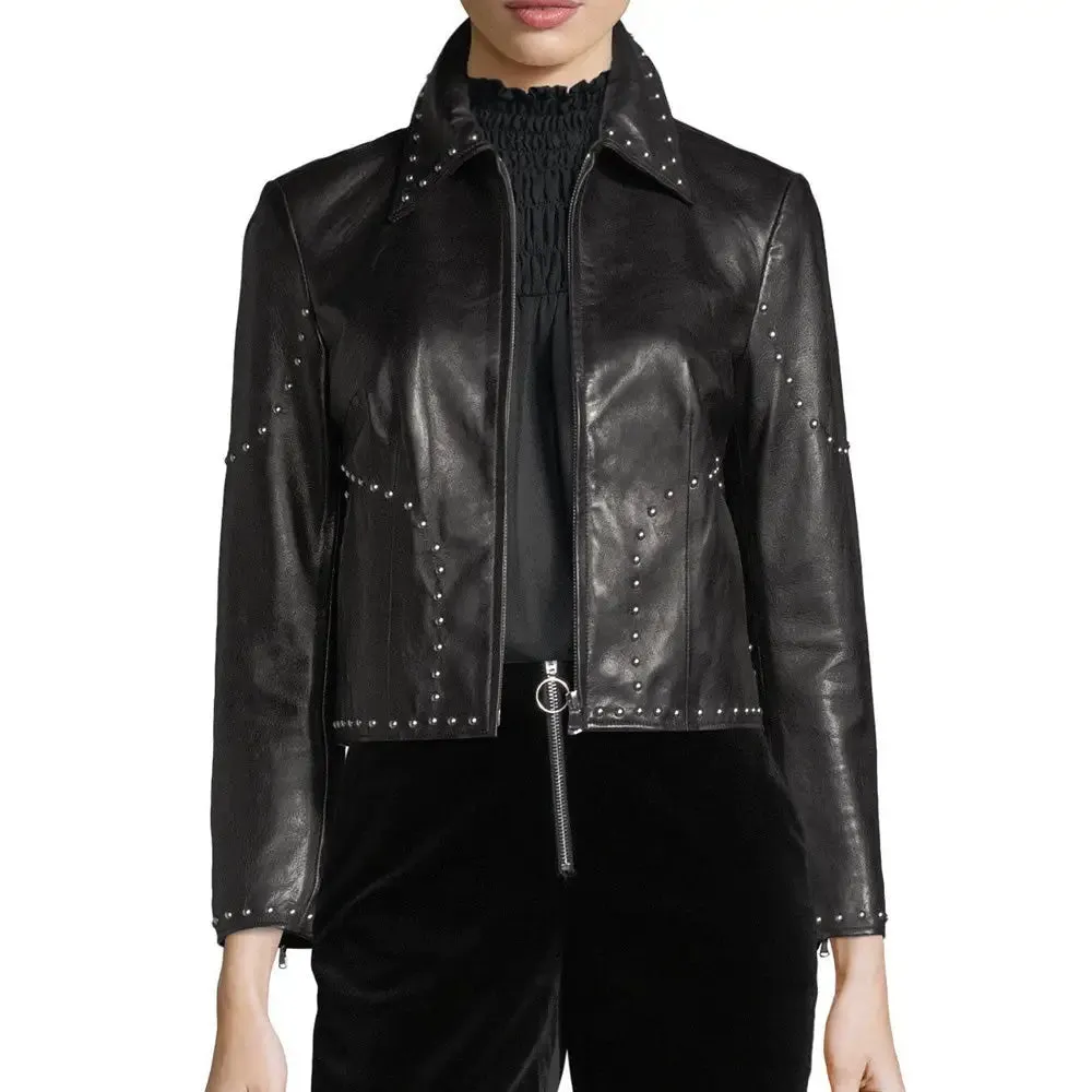 Stylish Studded Cropped Front Zip Women's Lambskin Leather Biker Jacket