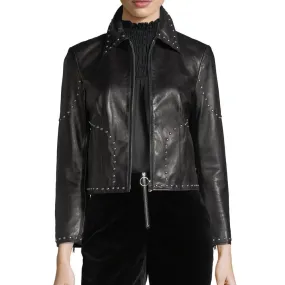 Stylish Studded Cropped Front Zip Women's Lambskin Leather Biker Jacket