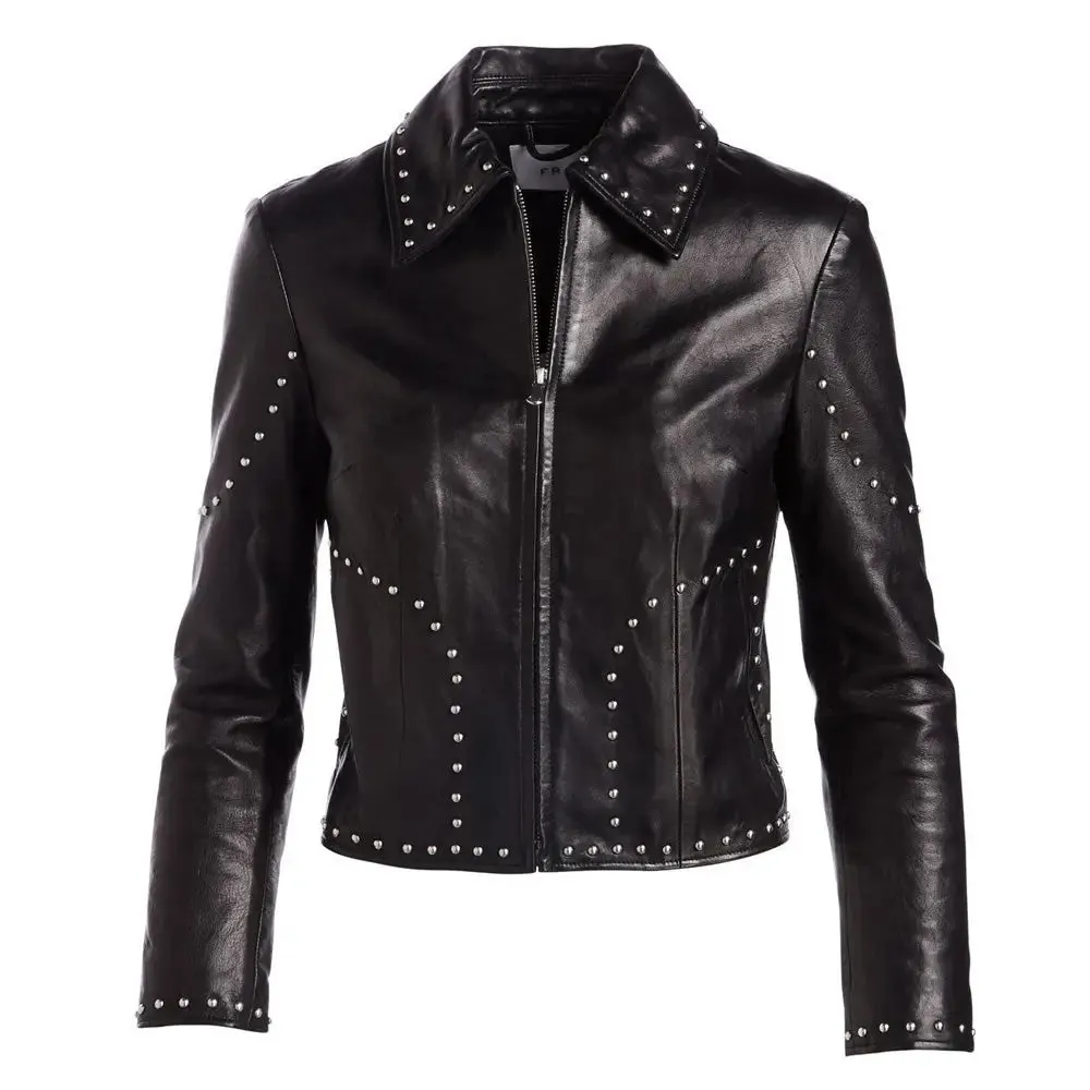 Stylish Studded Cropped Front Zip Women's Lambskin Leather Biker Jacket