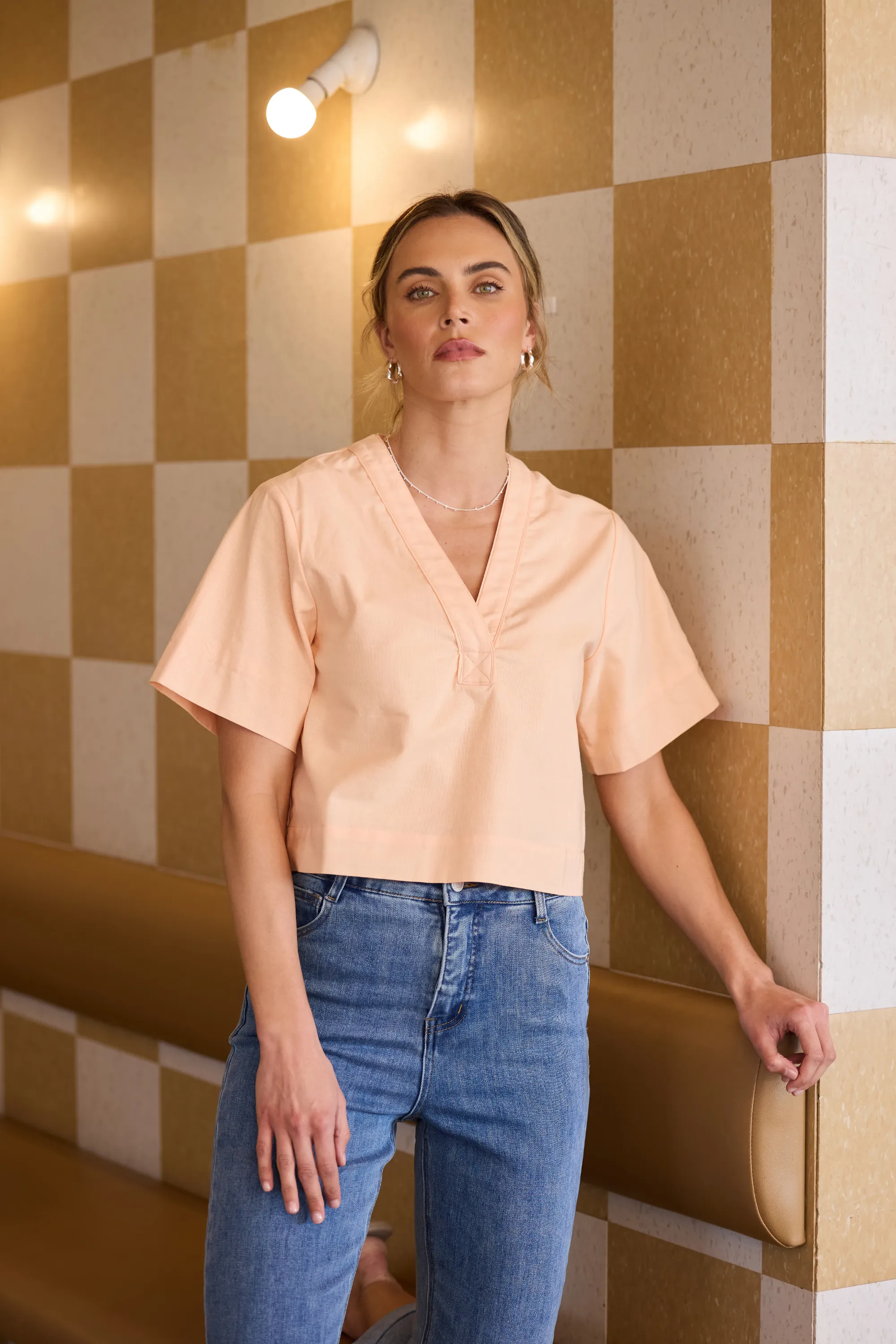 V-Neck Short Sleeve Top - Peach