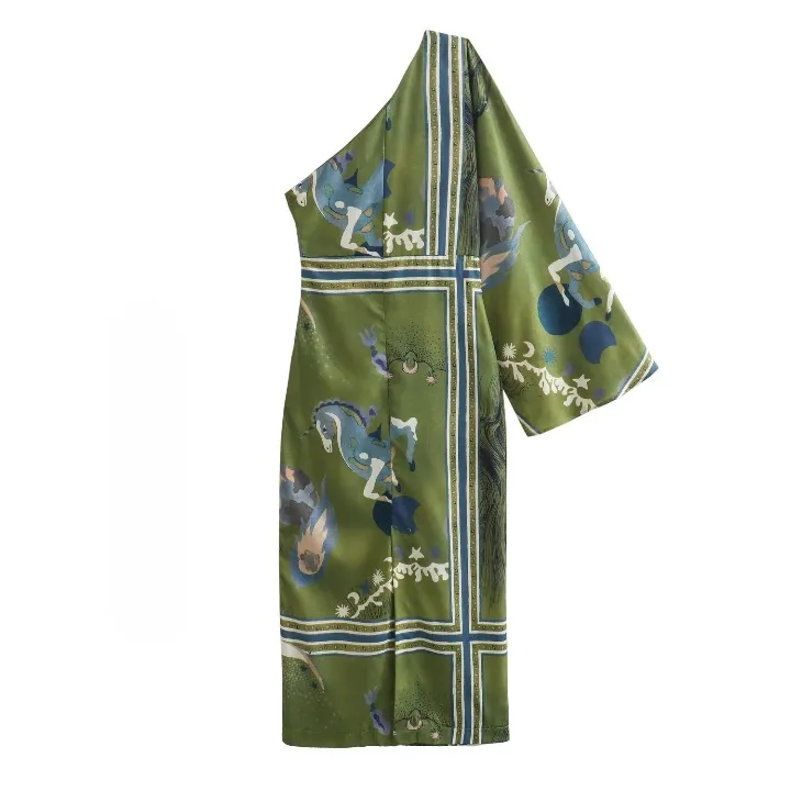Veronica Printed Green One Shoulder Dress