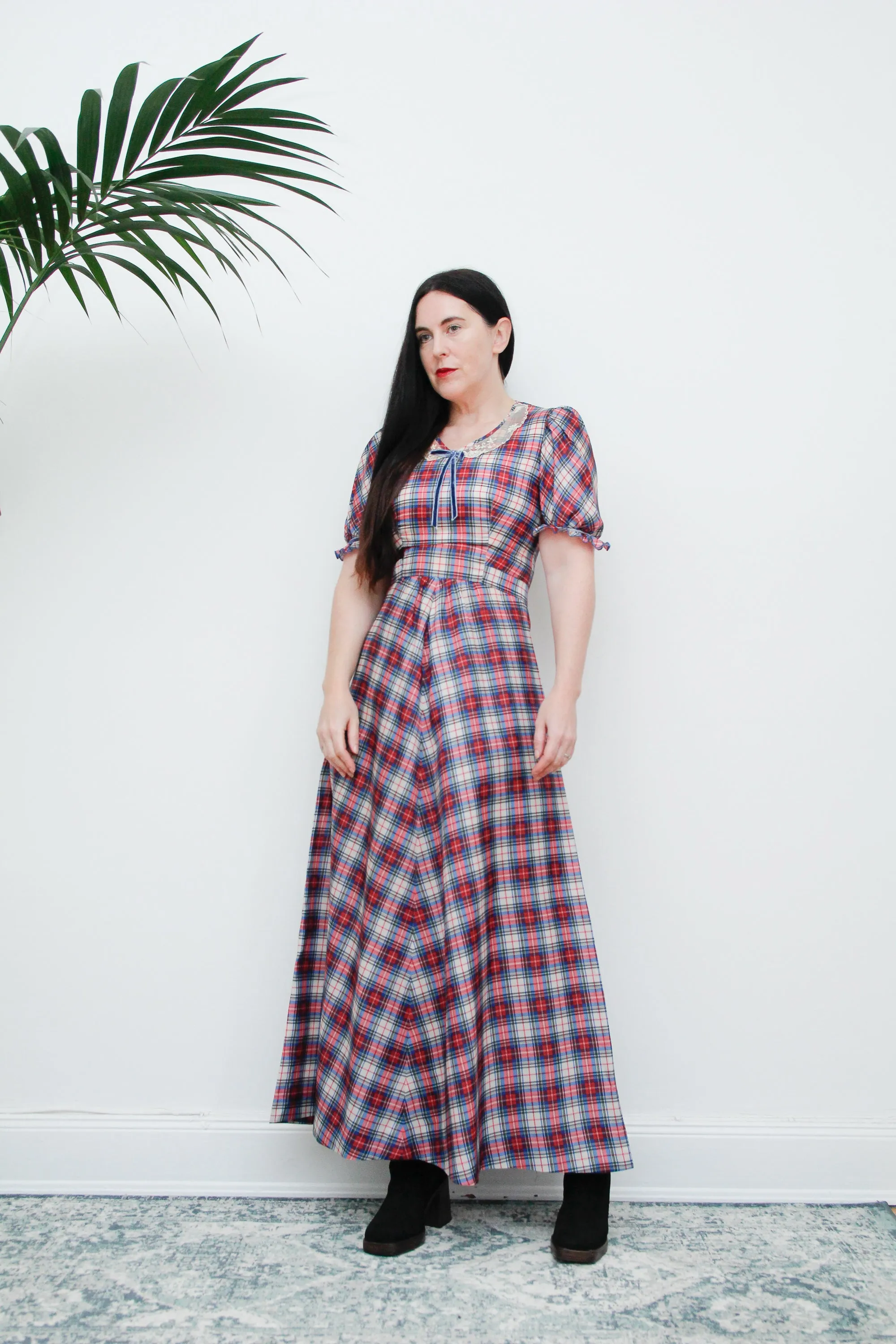 Vintage 1970's Prairie Blue Plaid Tartan Maxi Dress