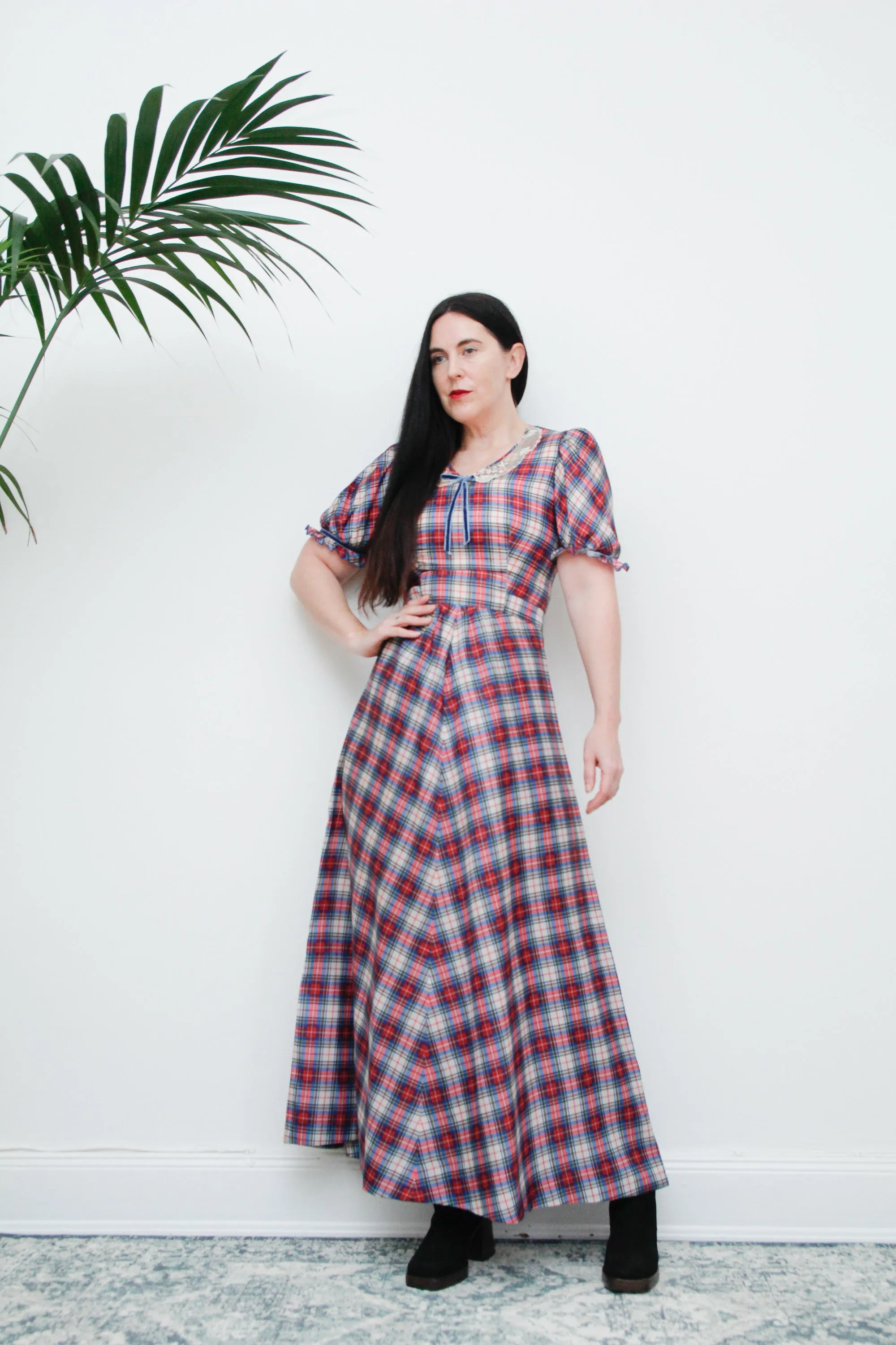 Vintage 1970's Prairie Blue Plaid Tartan Maxi Dress