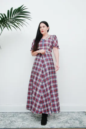 Vintage 1970's Prairie Blue Plaid Tartan Maxi Dress