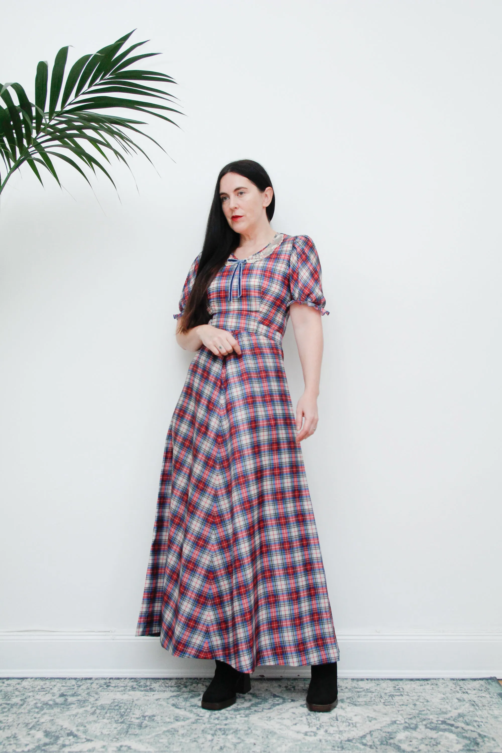 Vintage 1970's Prairie Blue Plaid Tartan Maxi Dress