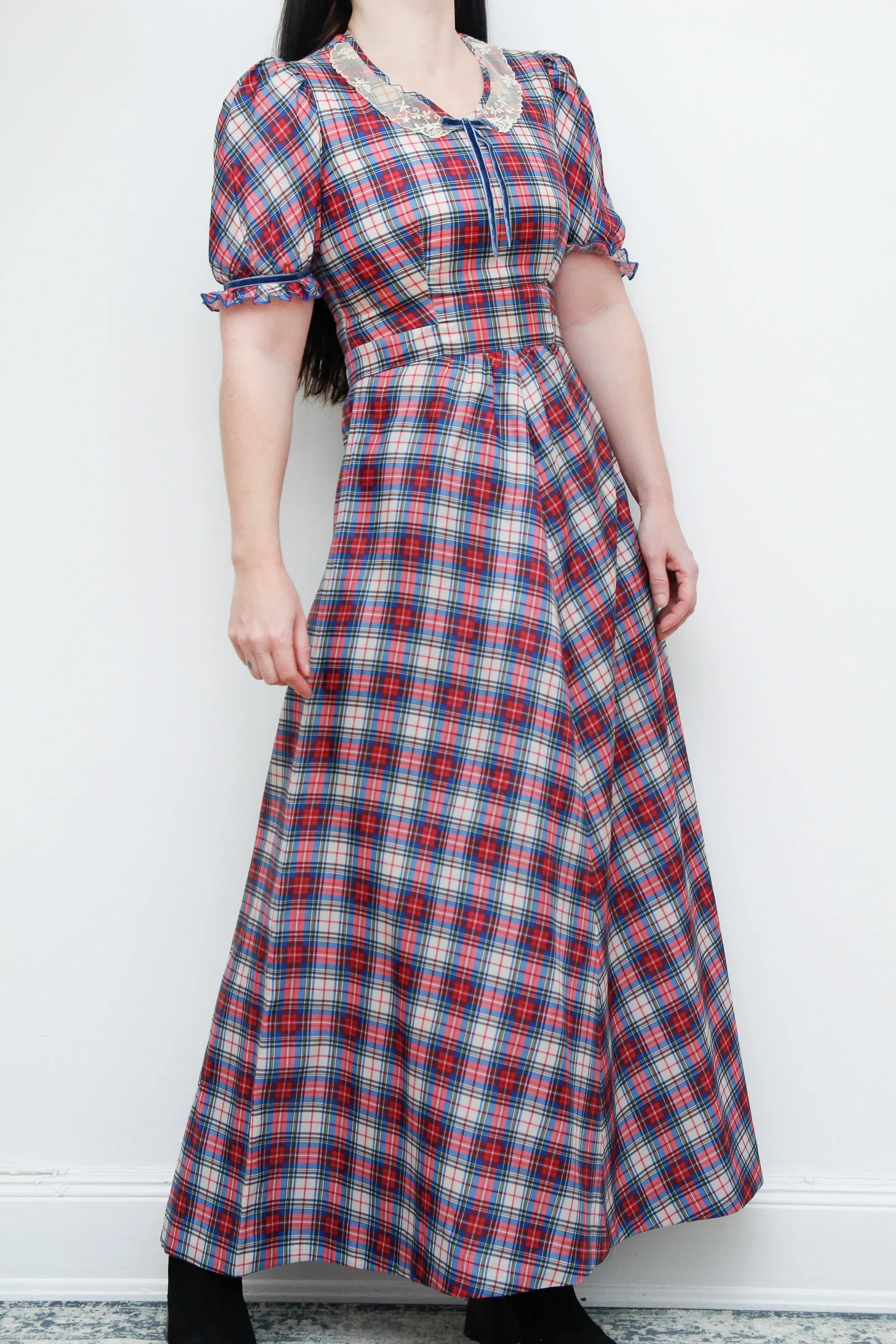 Vintage 1970's Prairie Blue Plaid Tartan Maxi Dress