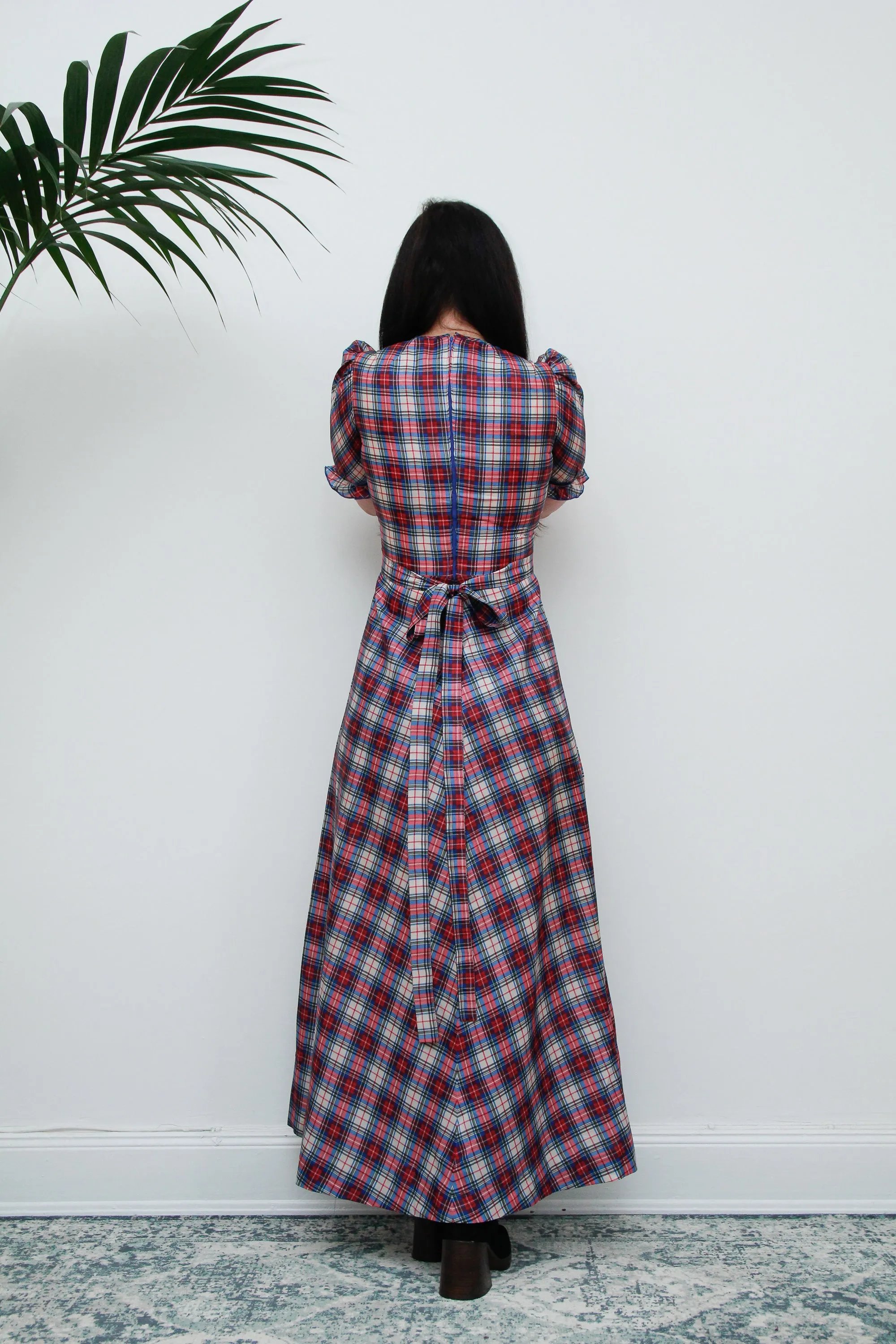 Vintage 1970's Prairie Blue Plaid Tartan Maxi Dress