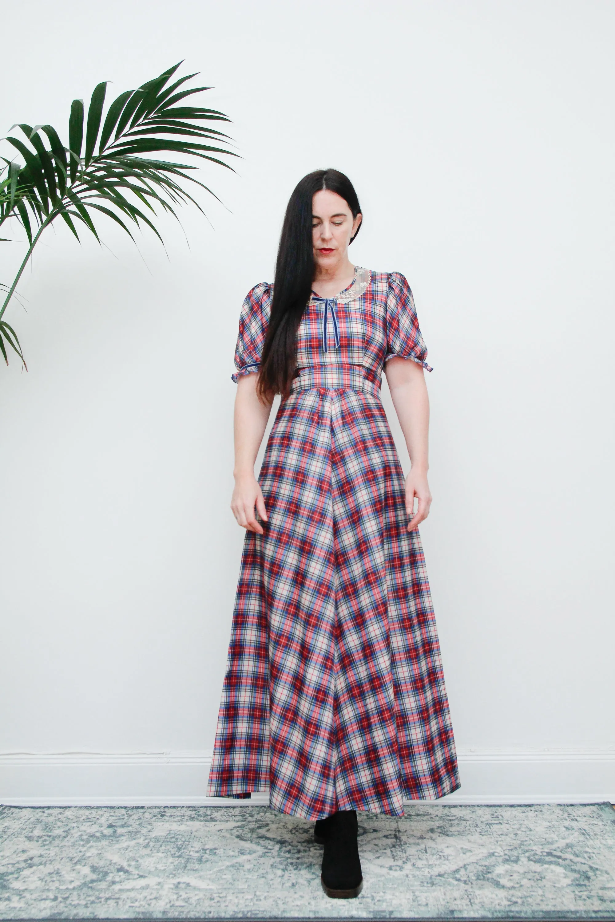 Vintage 1970's Prairie Blue Plaid Tartan Maxi Dress