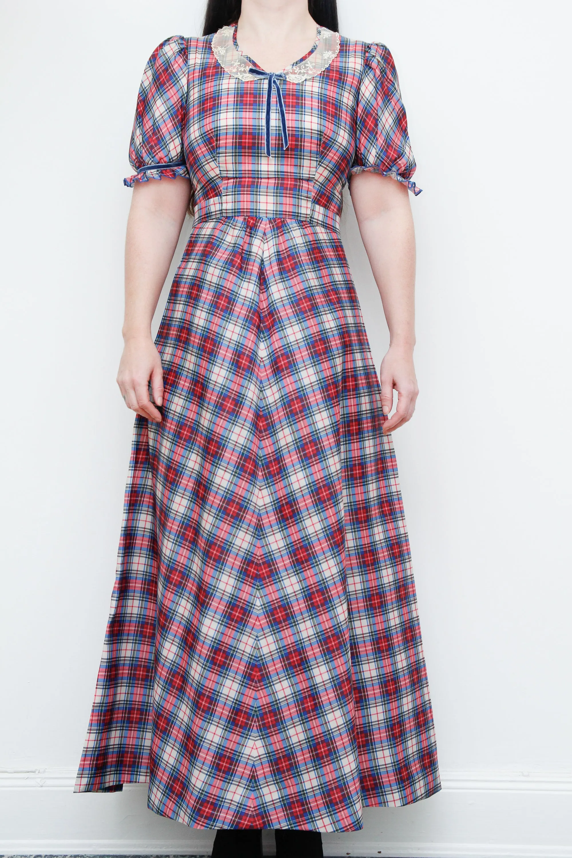 Vintage 1970's Prairie Blue Plaid Tartan Maxi Dress