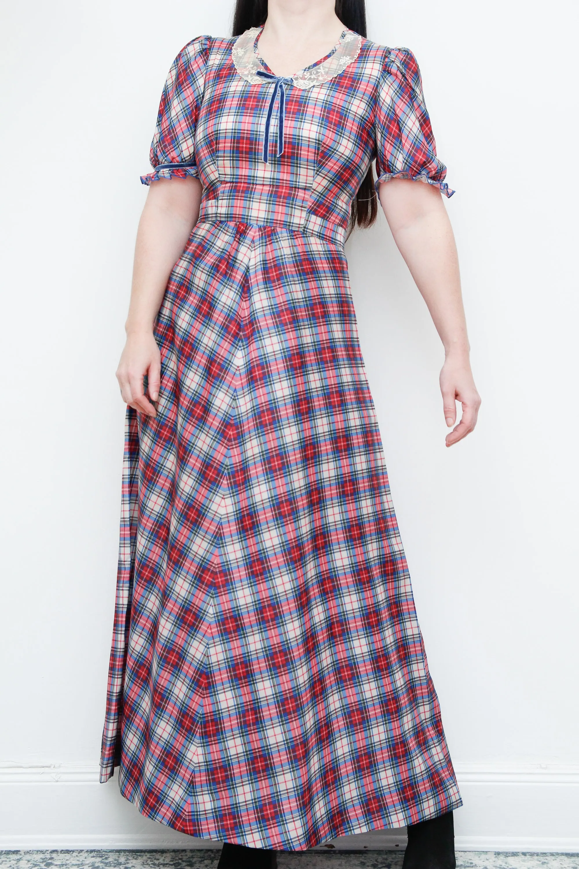 Vintage 1970's Prairie Blue Plaid Tartan Maxi Dress