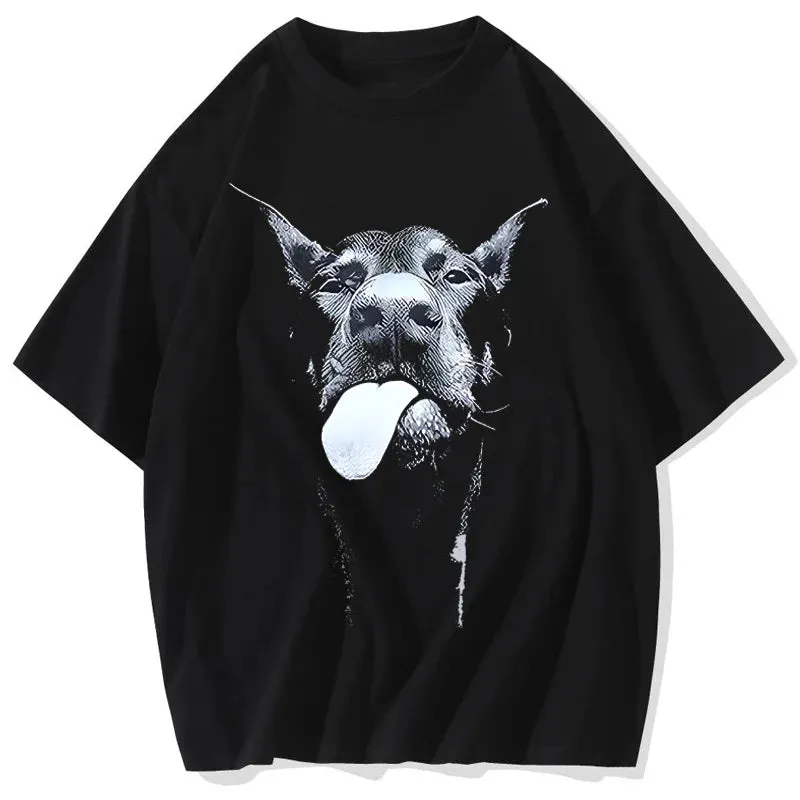 Vintage Gothic Letter Dog Print Oversized Hip Hop T-Shirt - Men's Punk Streetwear Summer Tops