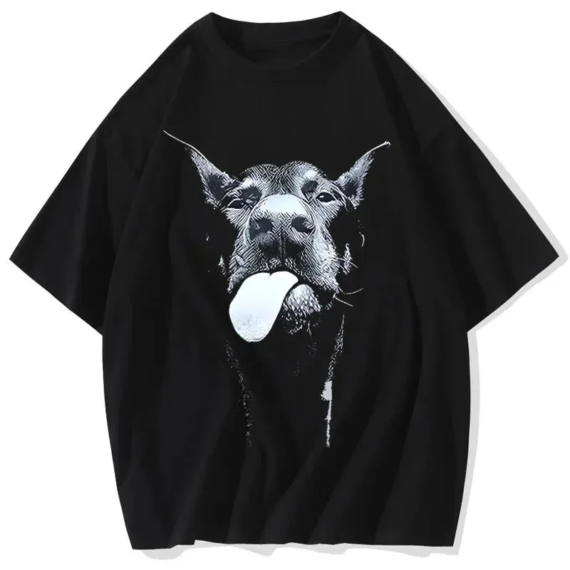 Vintage Gothic Letter Dog Print Oversized Hip Hop T-Shirt - Men's Punk Streetwear Summer Tops