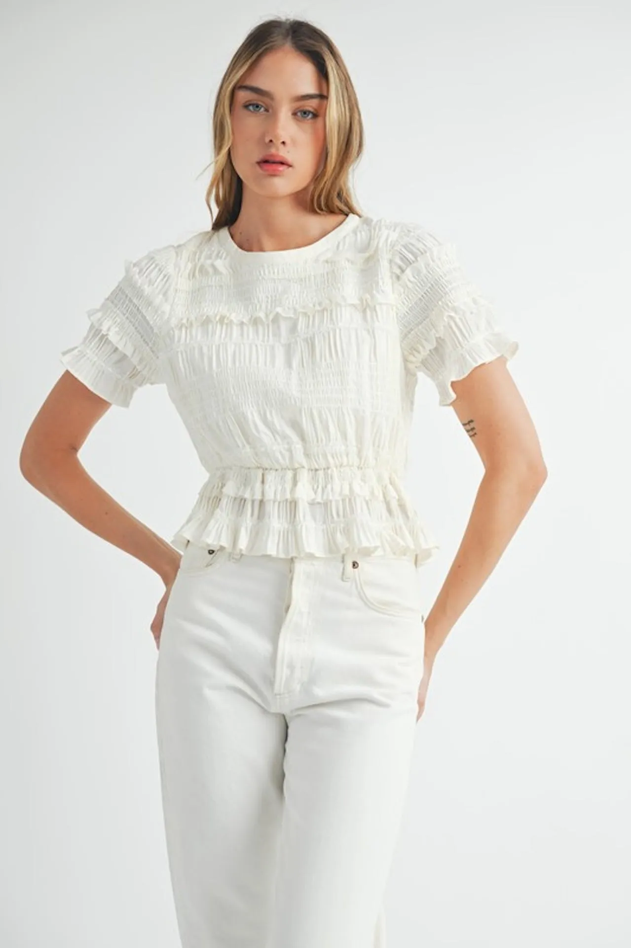 White Smocked Ruffle Peplum Top