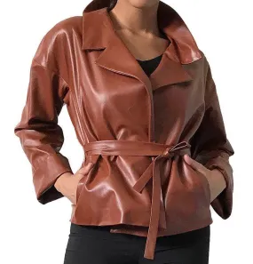 Women Brown Wrap leather Elegant jacket coat