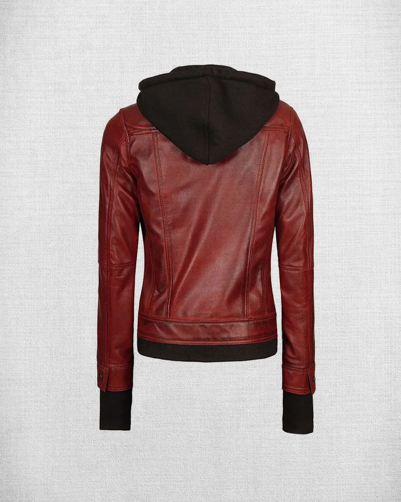 Women Stunning Brown Leather Jacket with Hood