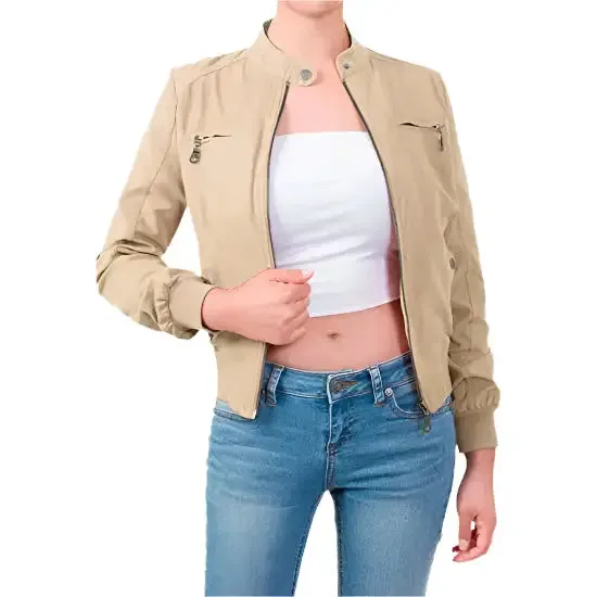 Women's Casual Suede Ribbed Hem Zip Up Bomber Jacket Short & Stylish