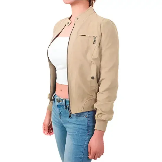 Women's Casual Suede Ribbed Hem Zip Up Bomber Jacket Short & Stylish