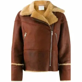 Women's Maroon Shearling Biker Leather Jacket