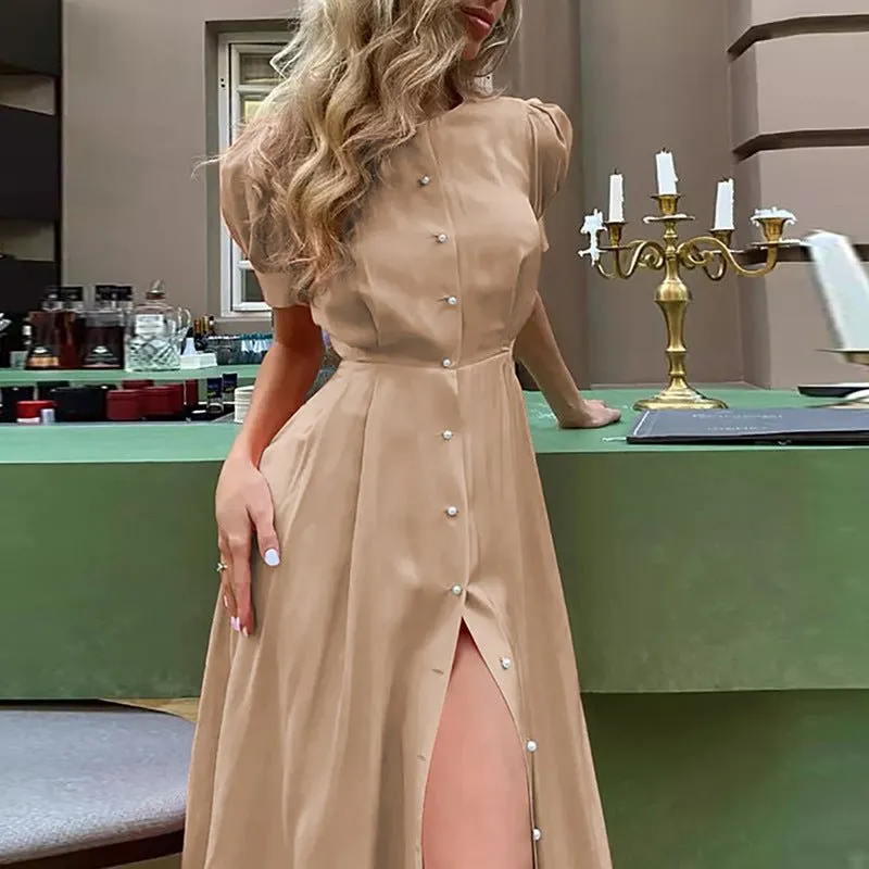Women's Short Sleeve Button Midi Dress