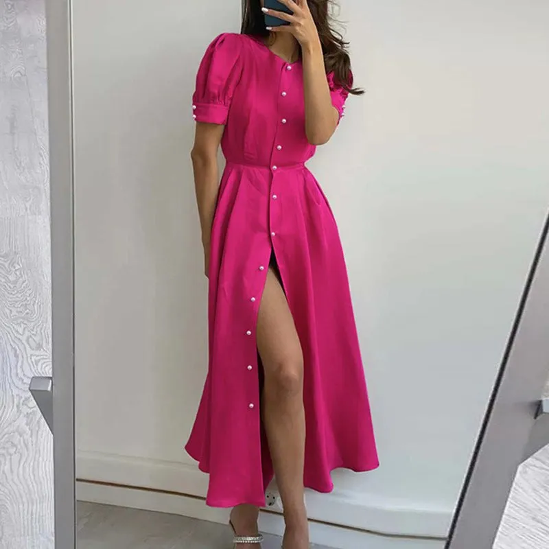 Women's Short Sleeve Button Midi Dress