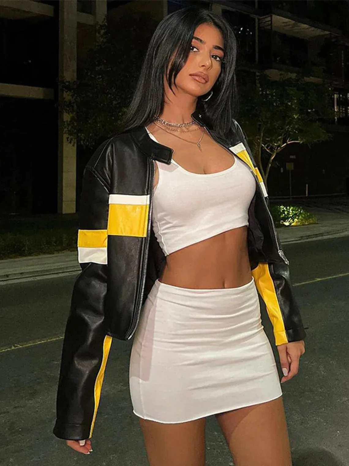 Yellow Stripe Cropped Black Leather Jacket