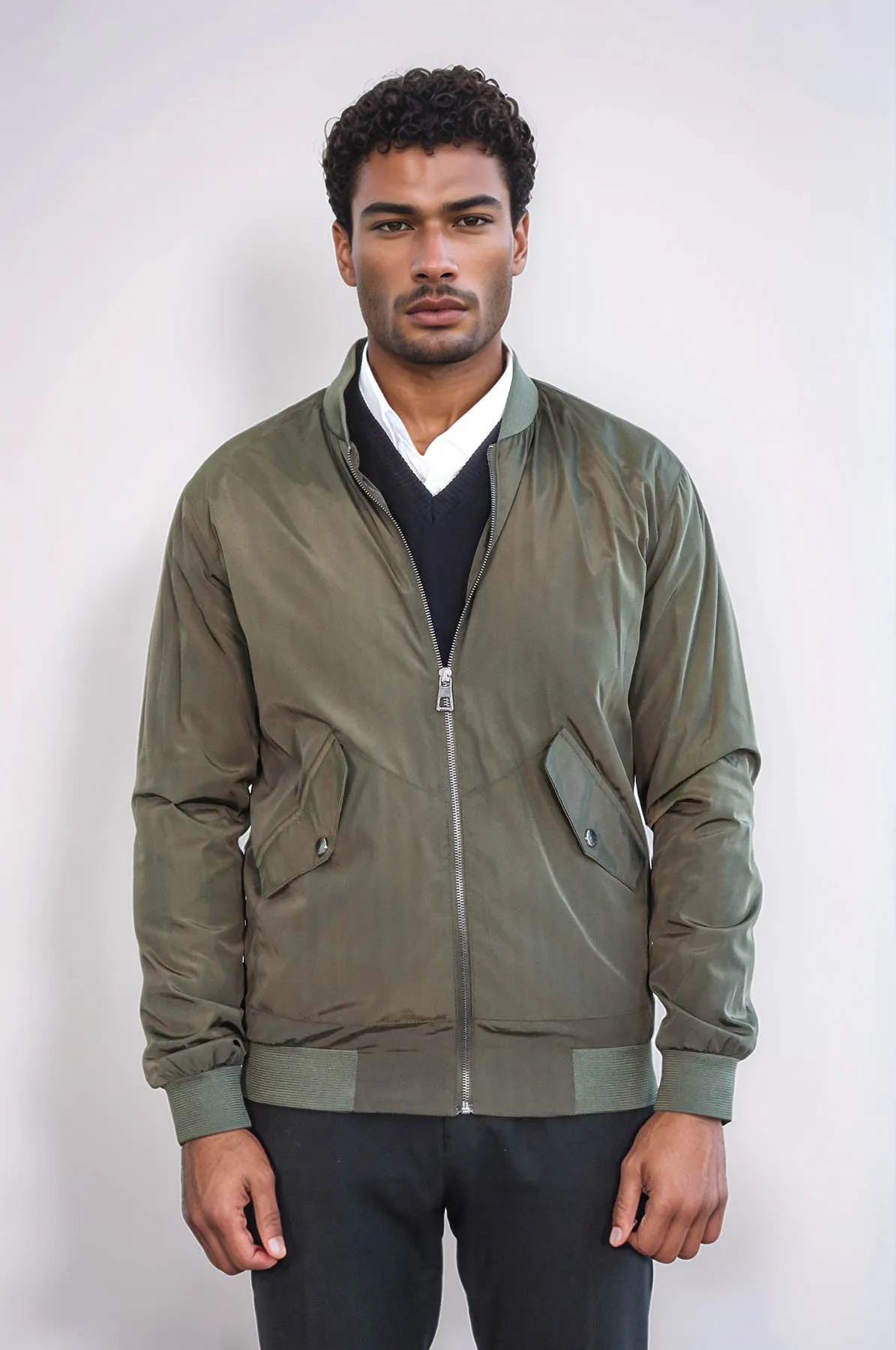 Zippered Flap Pockets Khaki Men Bomber Coat - Wessi
